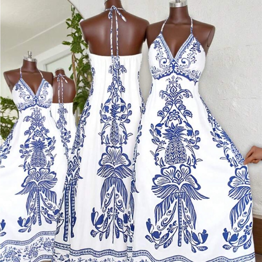 Elegant Blue and White Halter Maxi Dress